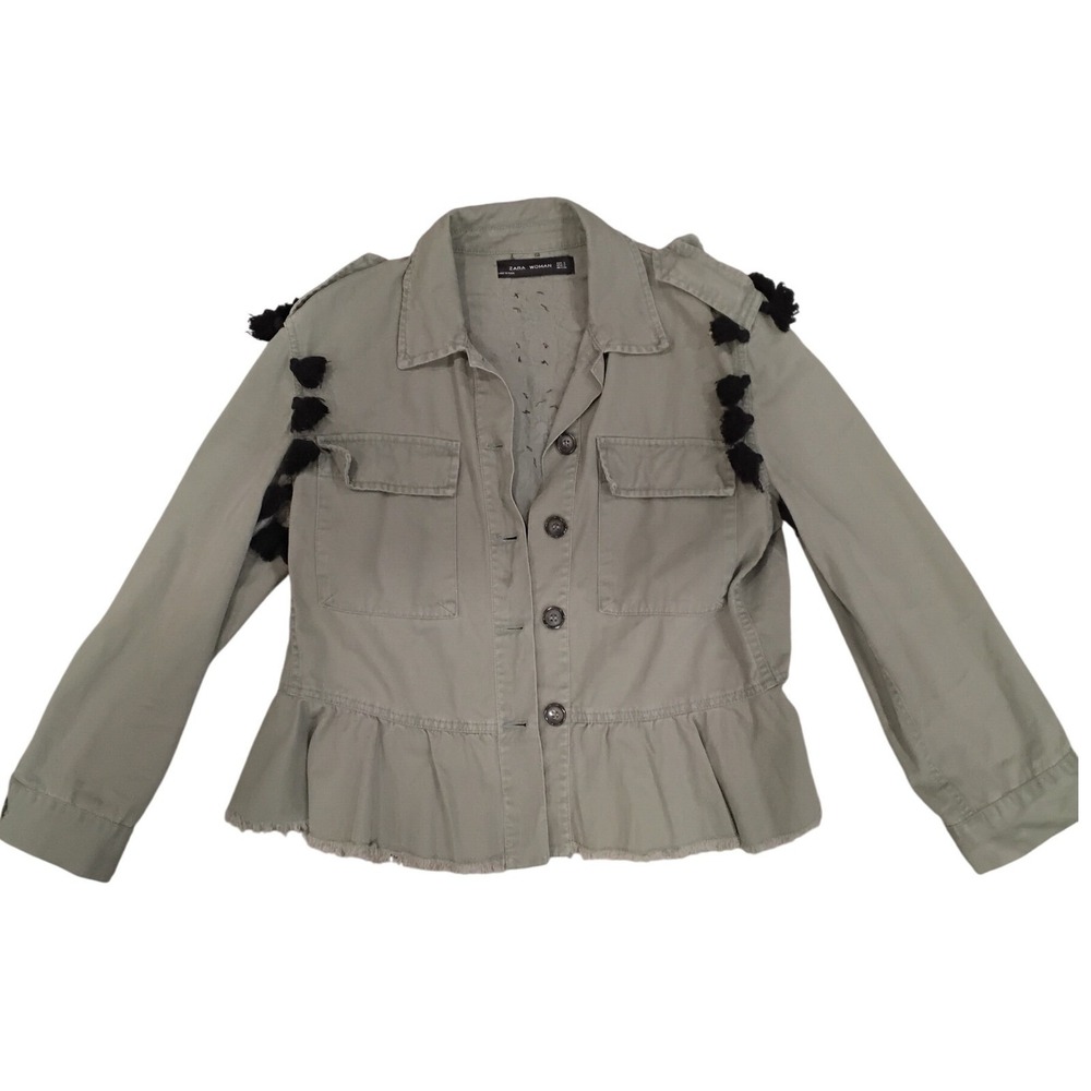 Zara Woman Military Jacket‎ Tassel Embellished Olive Green Size S